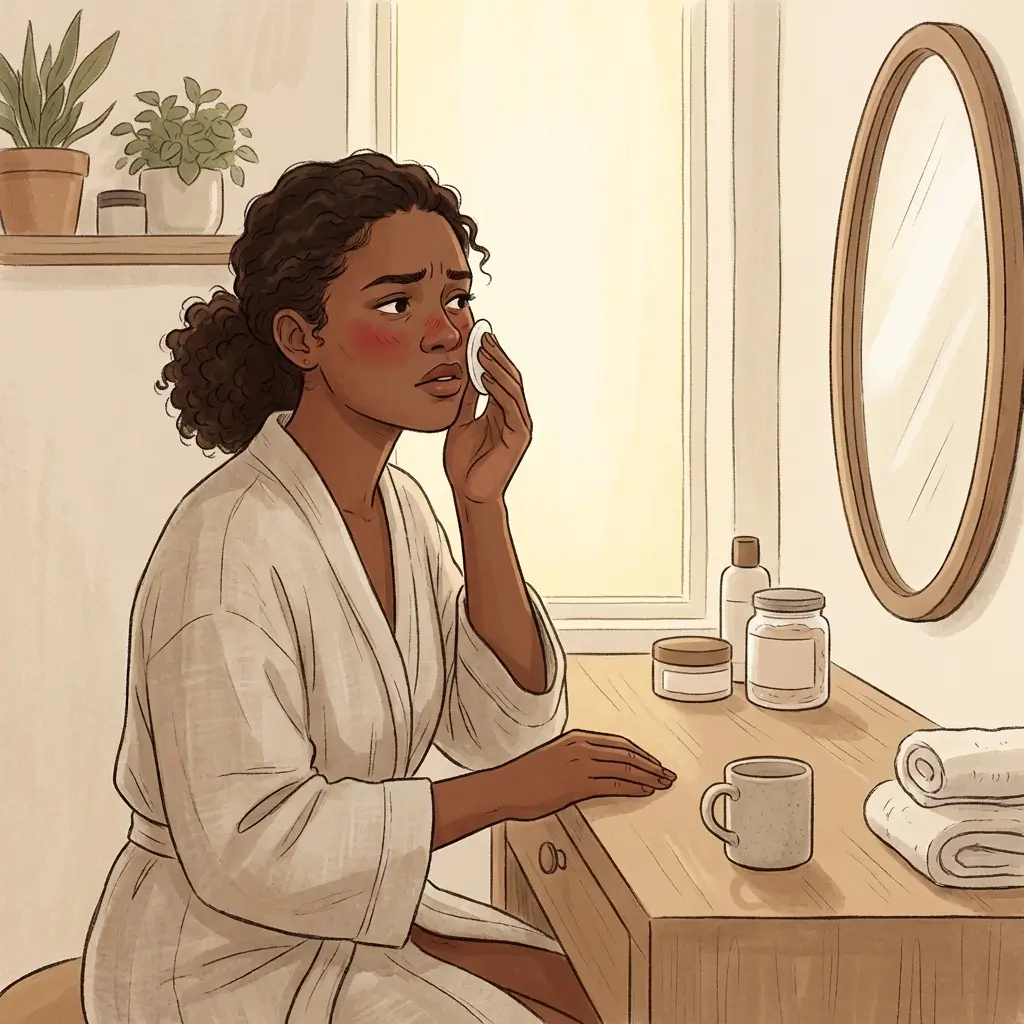 Woman pausing mid-skincare-routine, noticing her skin looks flushed and tight.