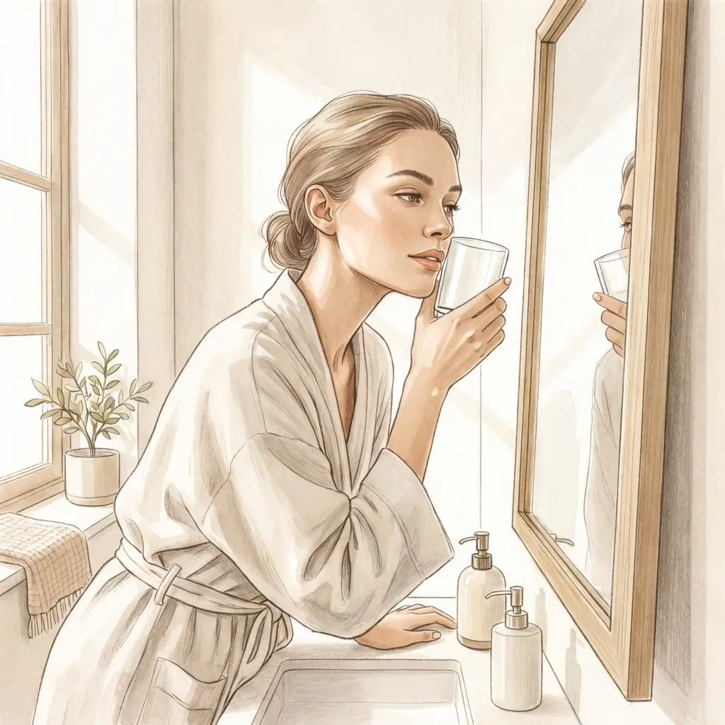 Woman pressing a clear glass against her cheek to check a post-breakout mark.