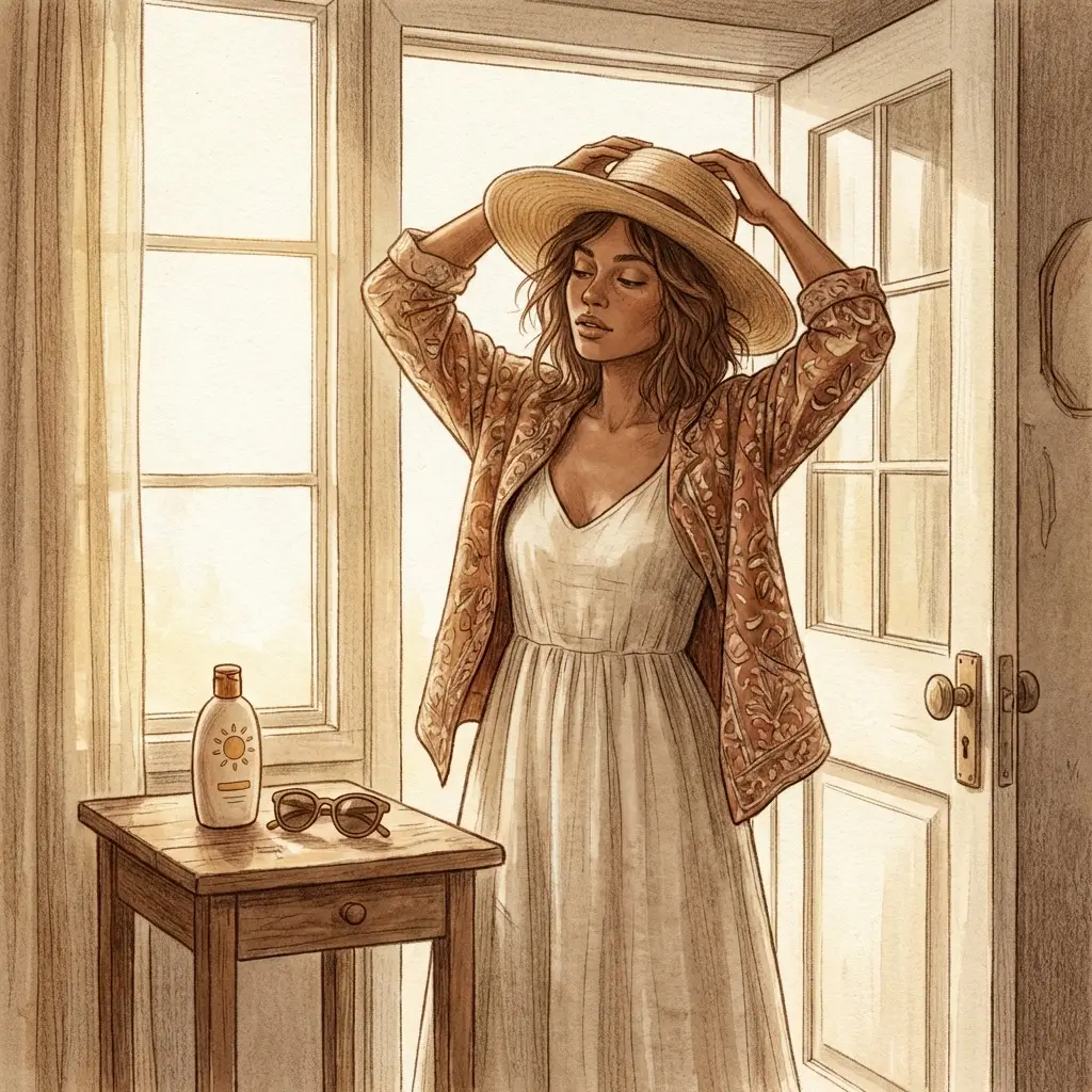 Woman putting on a hat before going outside as part of her daily routine