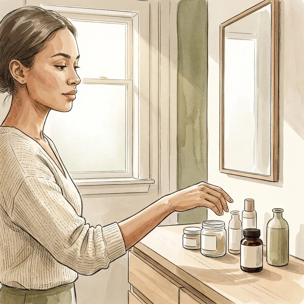 Woman reaching for a product in a routine that includes skincare and a supplement