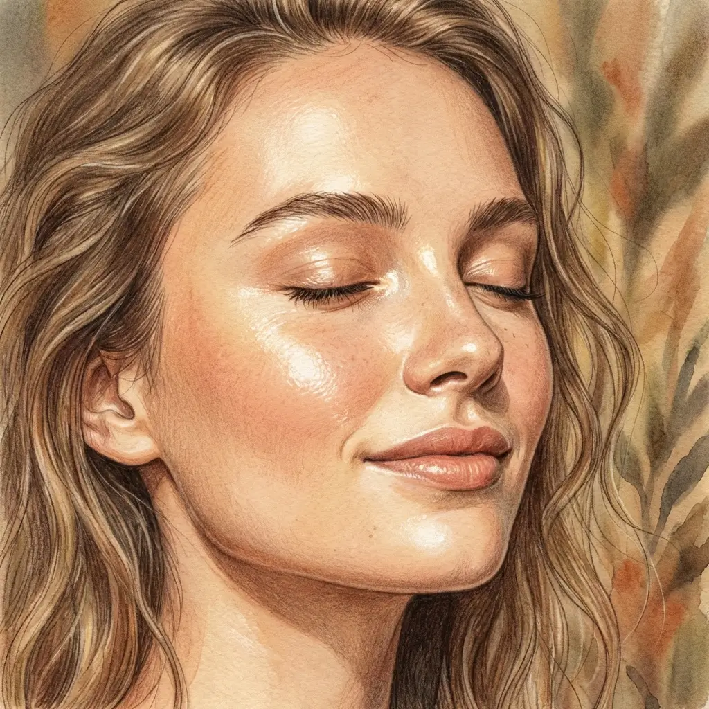 Woman's face in soft warm light with calm skin