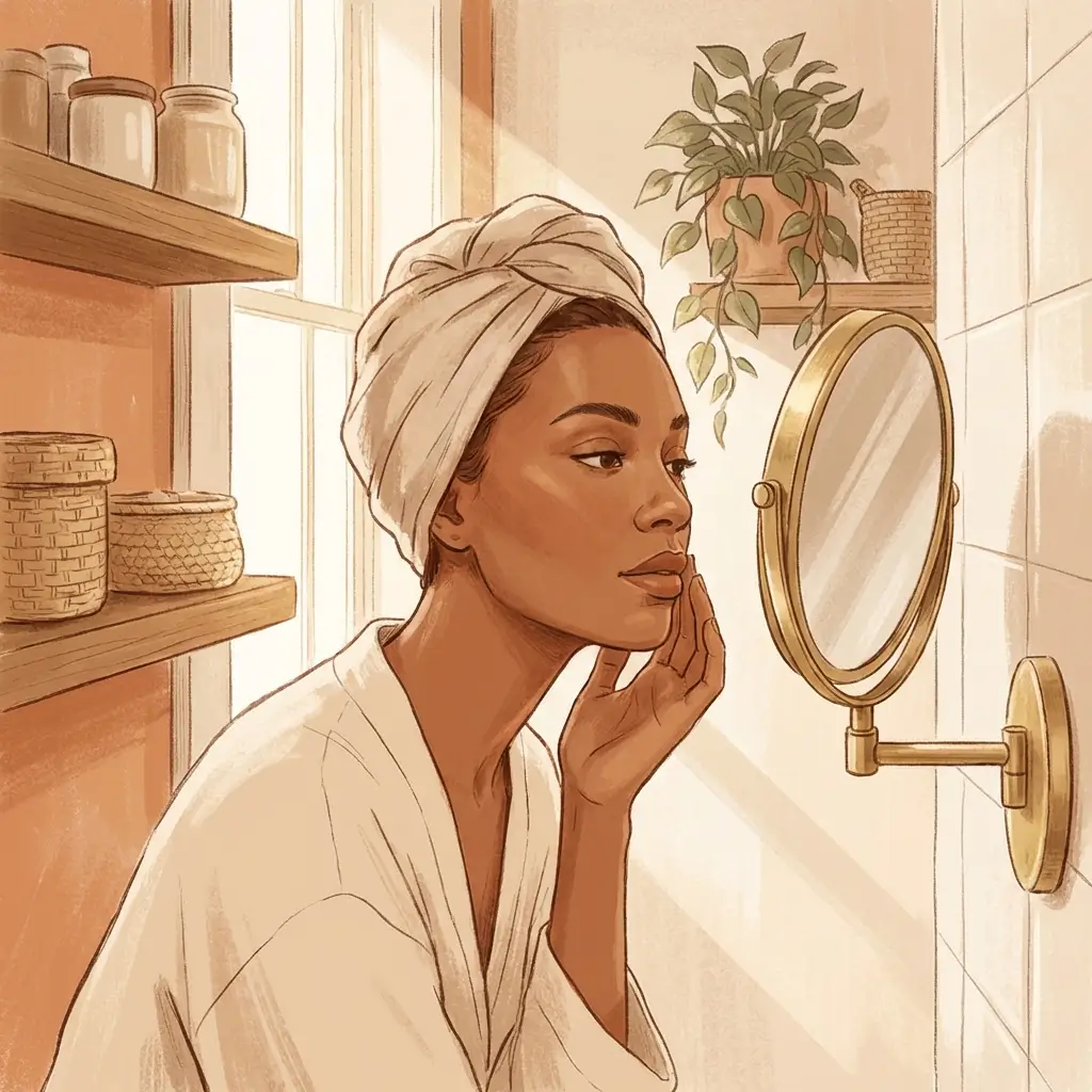 Woman studying her skin closely in a magnifying mirror with a patient, observant expression.