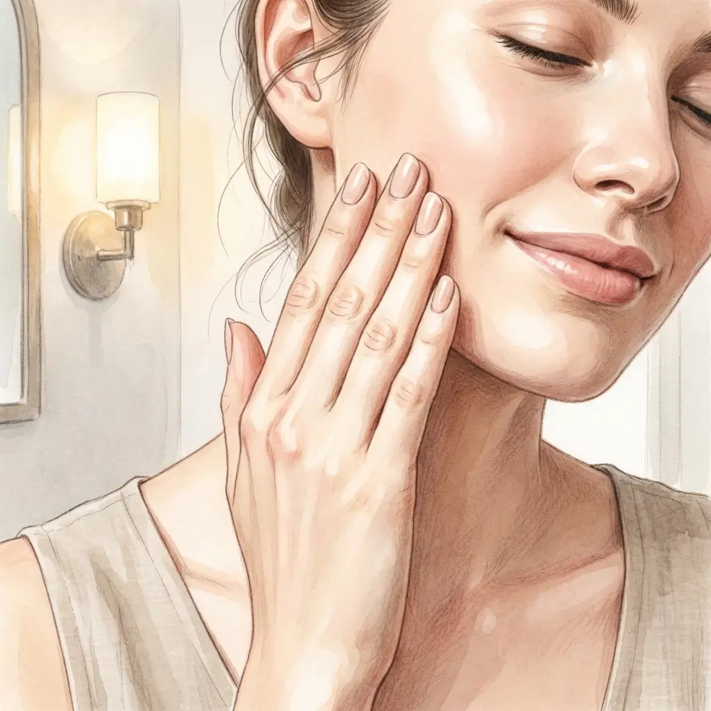 Woman testing skin sensitivity with fingertips on her cheek