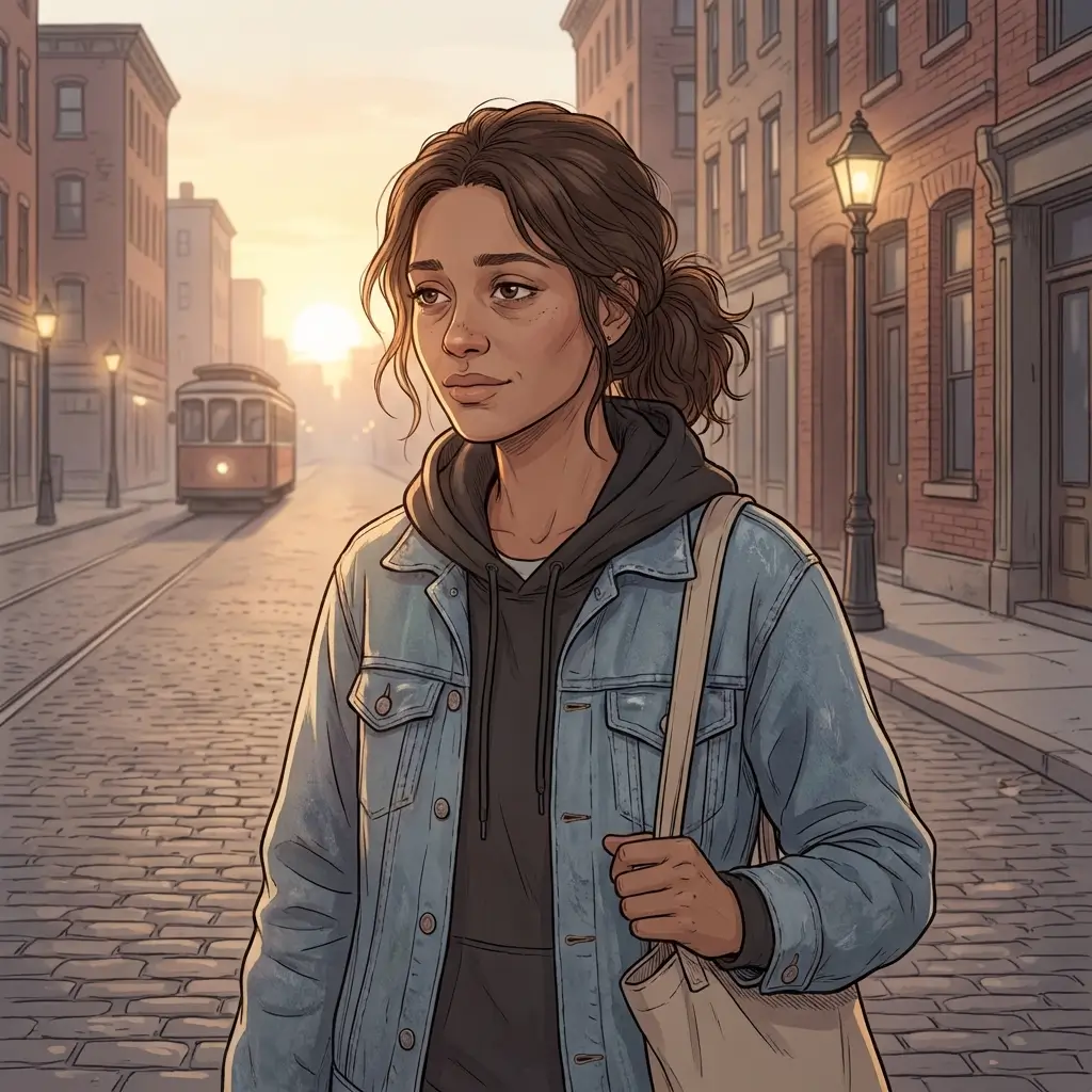  Woman walking through quiet city street at dawn after night shift