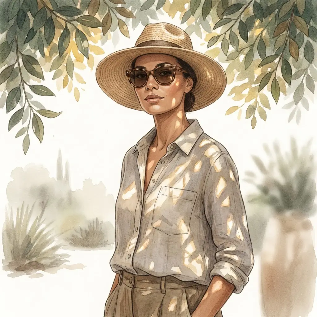 Woman wearing a wide-brimmed hat and sunglasses standing in dappled shade