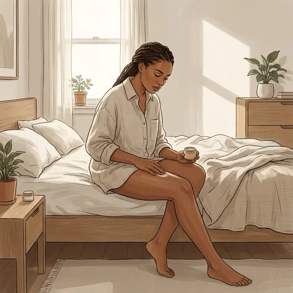 Woman with brown skin applying balm while sitting on a bed