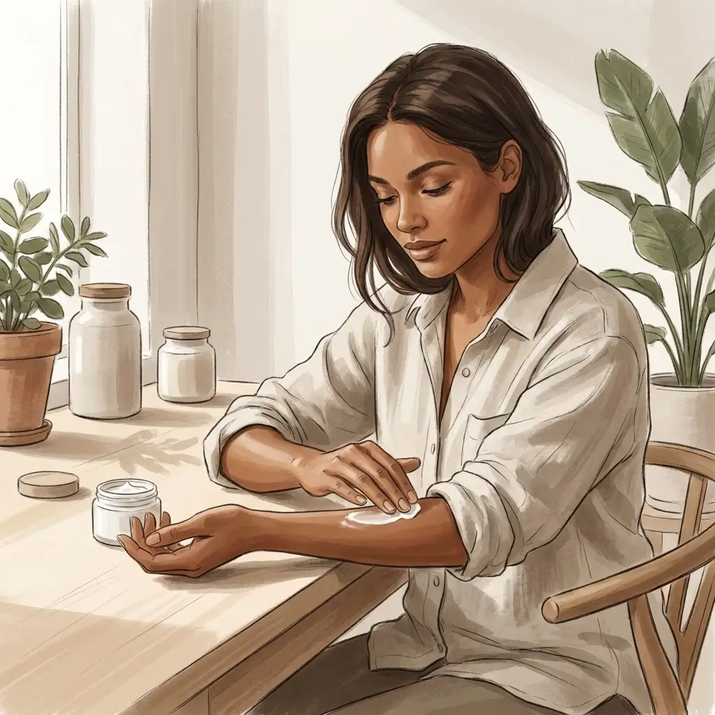Woman with brown skin applying moisturiser to her forearm