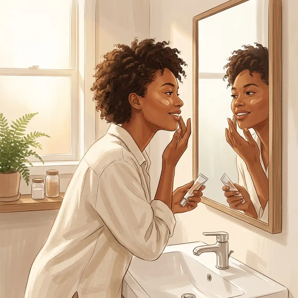 Woman with brown skin applying tinted sunscreen in a bathroom mirror