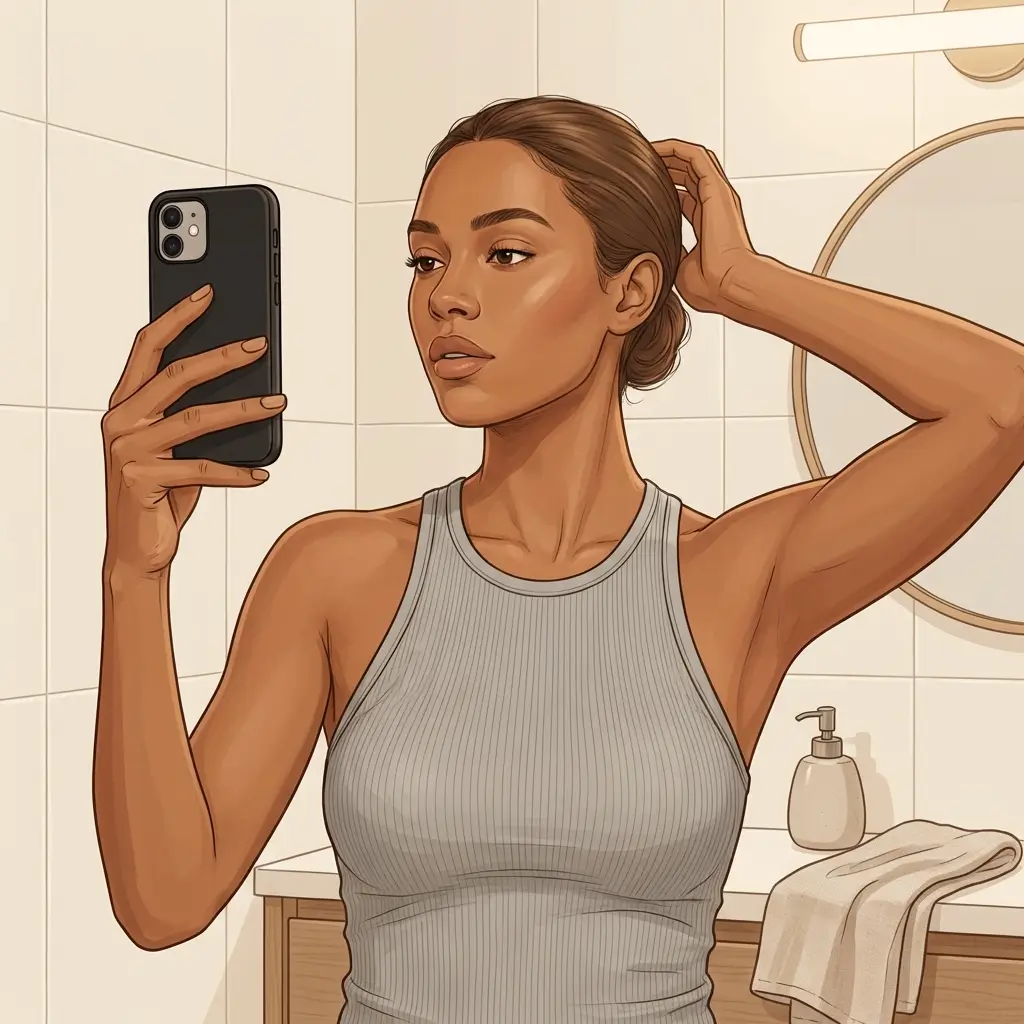 Woman with caramel-brown skin taking a comparison photo of her skin with her phone