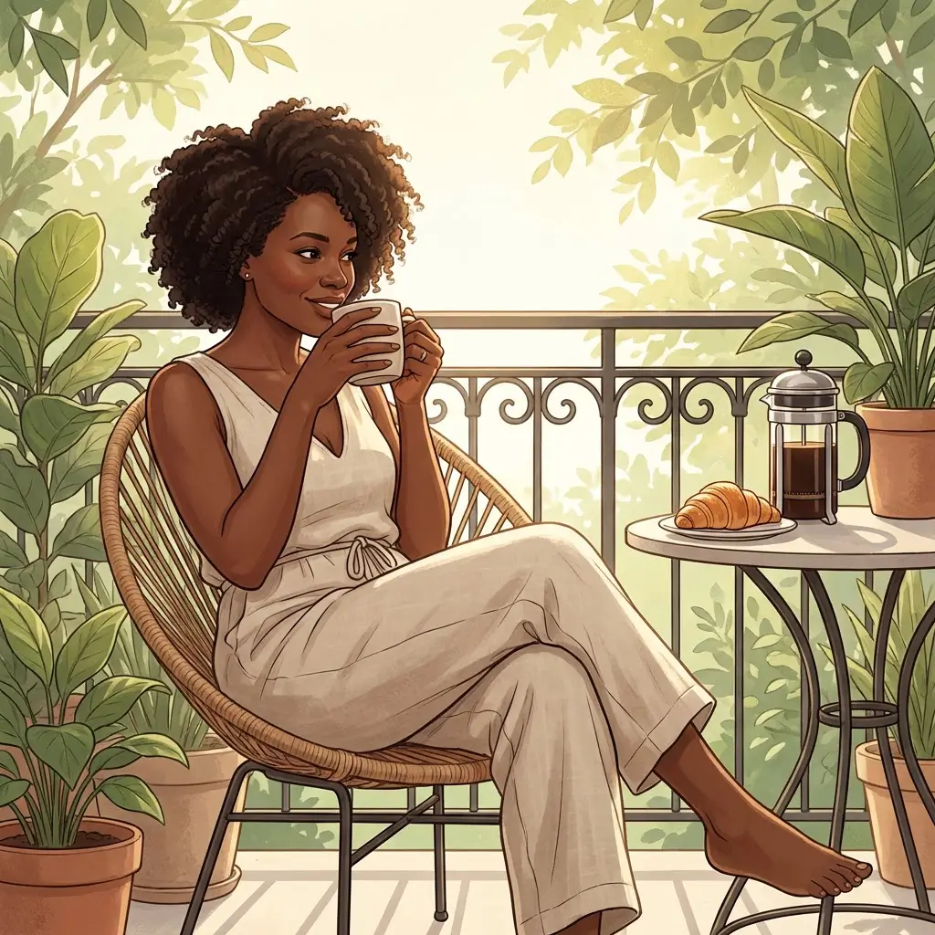 Woman with dark skin sitting on a balcony with coffee in morning light