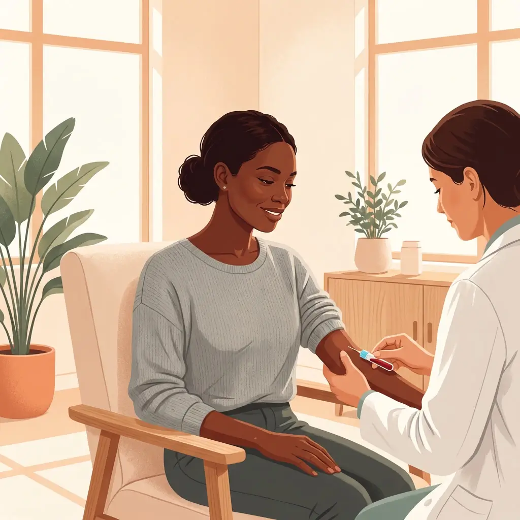 Woman with deep brown skin having a blood draw, looking relaxed and informed