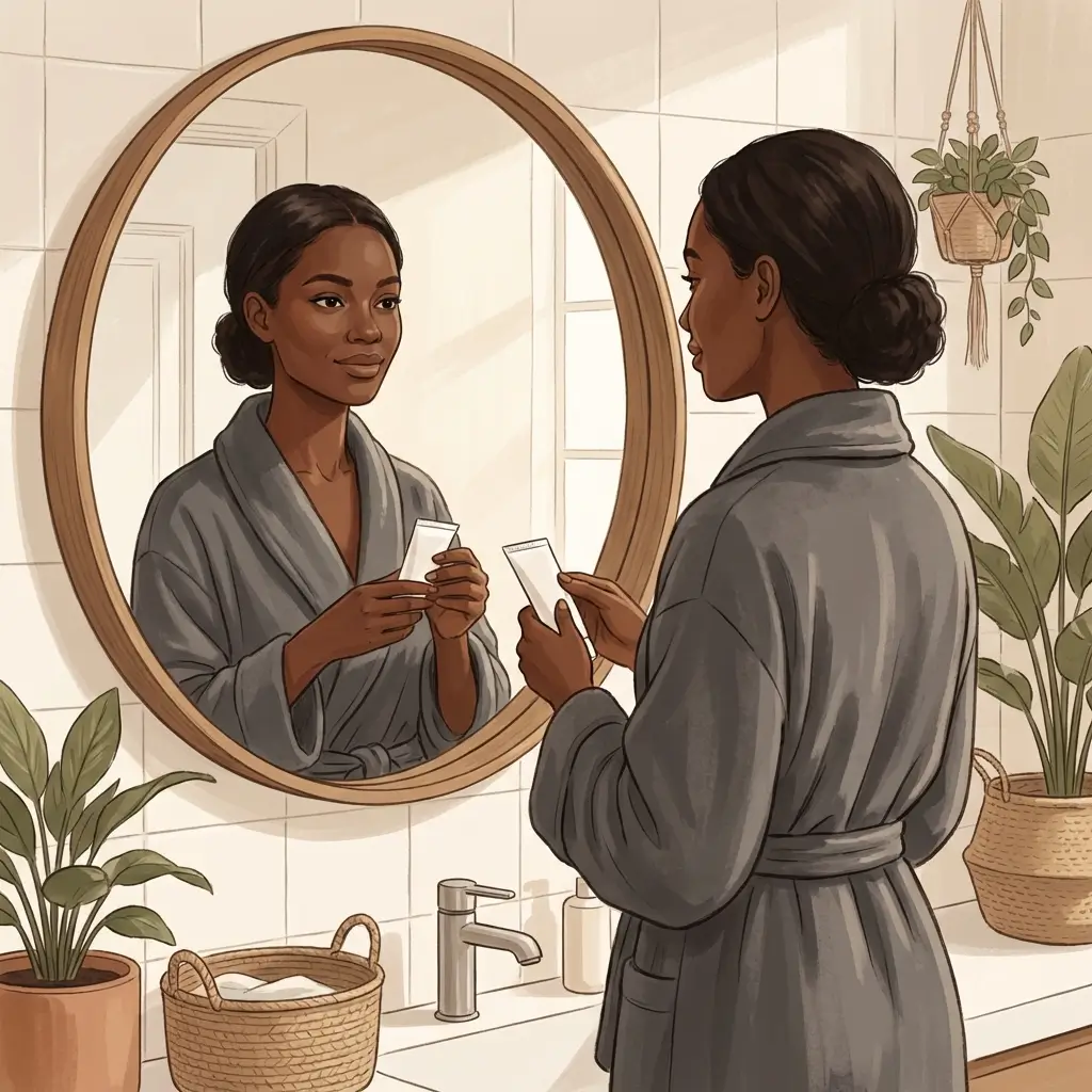 Woman with deep brown skin in a bathroom wearing a grey robe looking at her reflection calmly