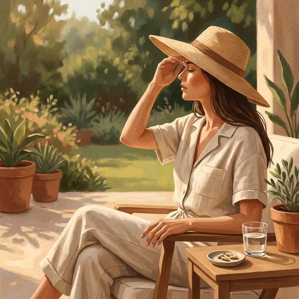 Woman in a wide-brimmed hat in sunlight, with supplement capsules visible nearby