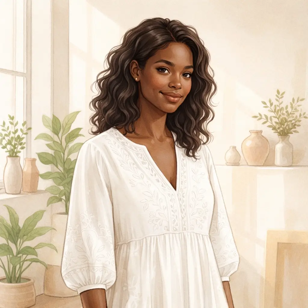 Woman with deep brown skin looking confident and relaxed in natural light