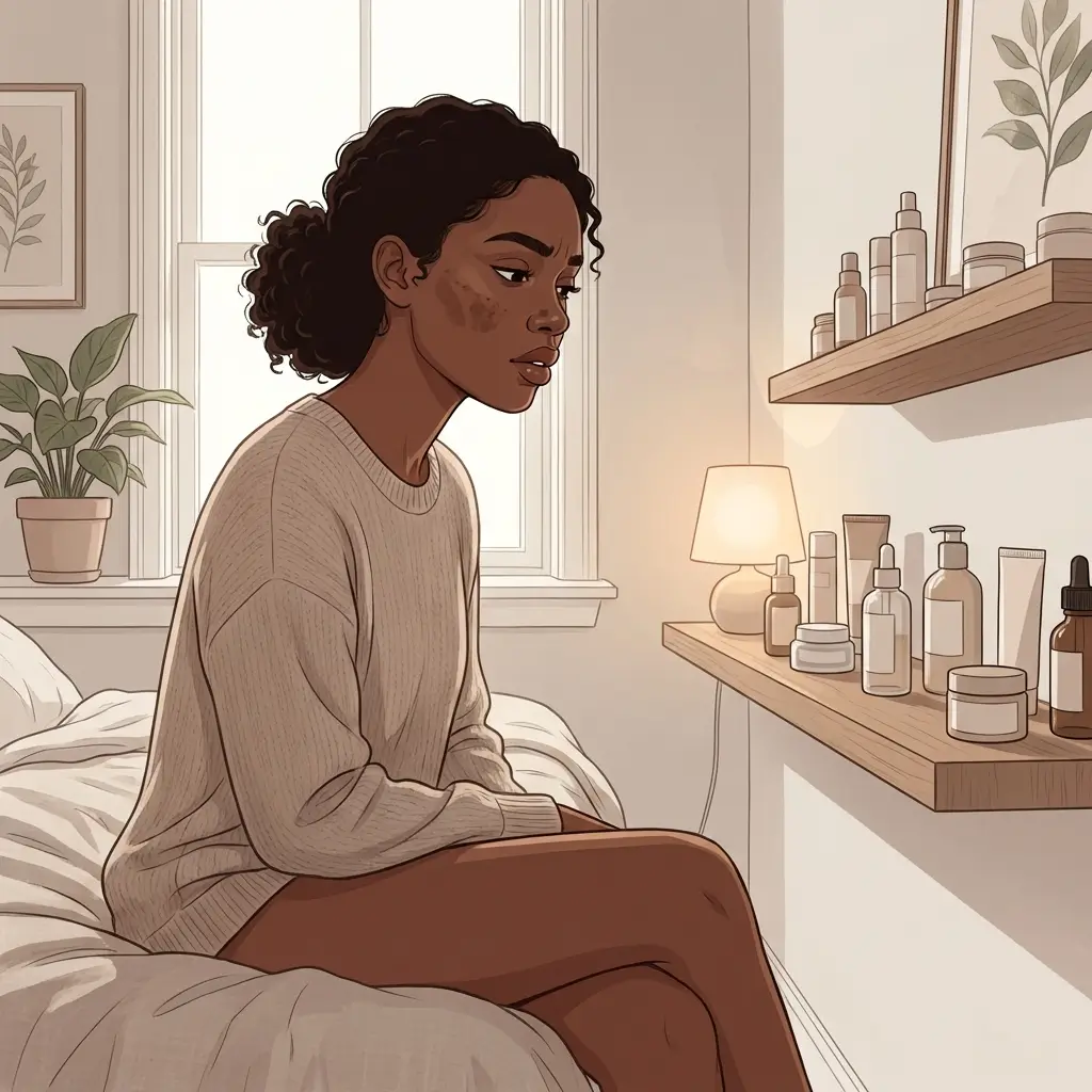 Woman with deep brown skin looking thoughtfully at her skincare shelf
