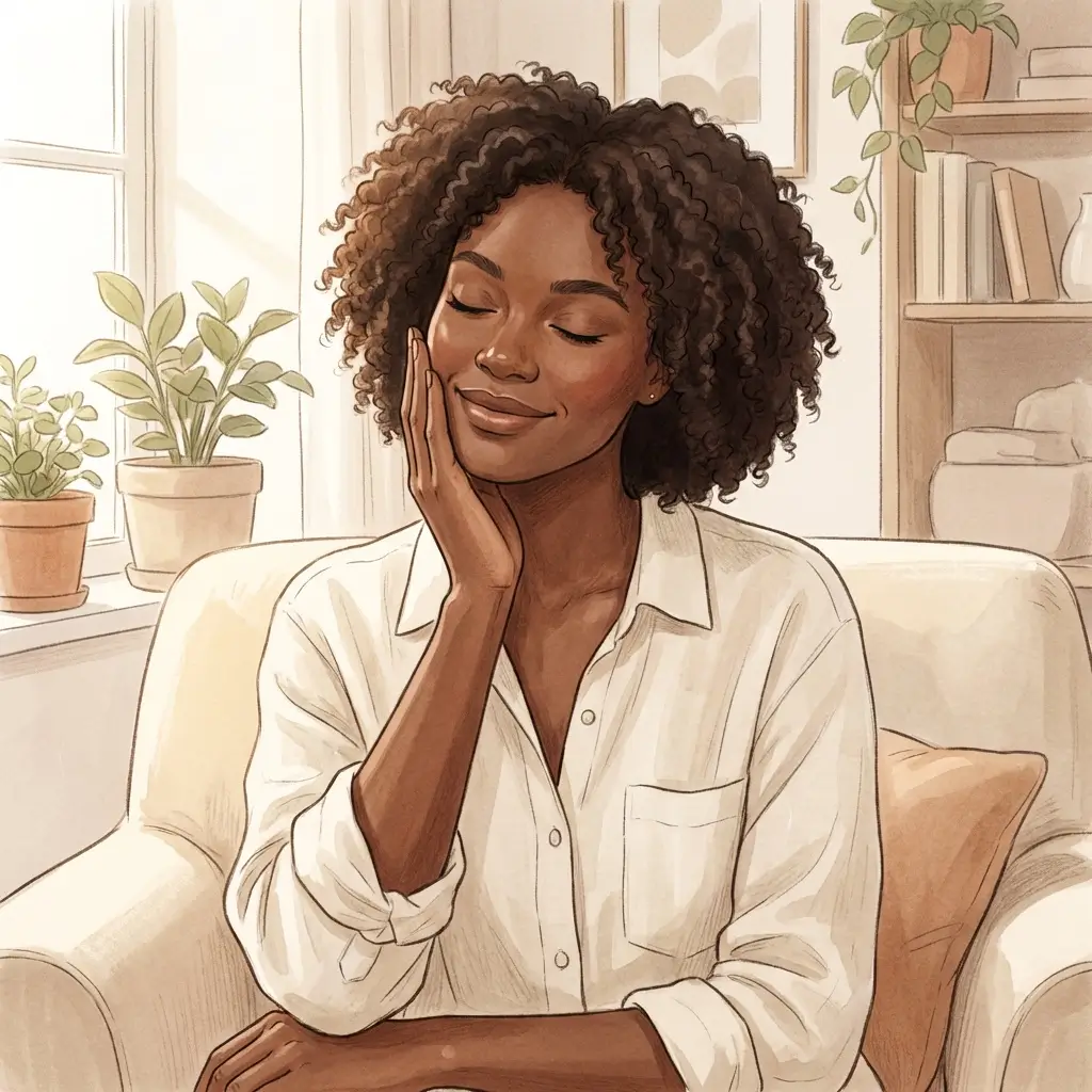 Woman with deep brown skin touching her face gently in natural light