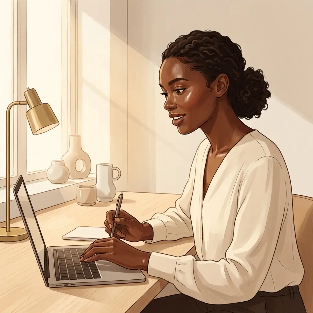 Woman with deep brown skin working at her desk in the afternoon, looking alert and energised