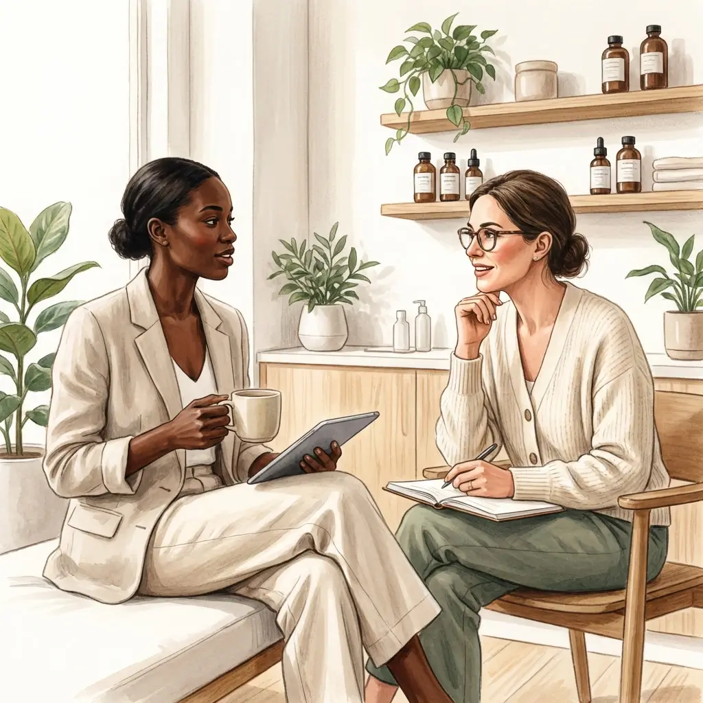 Woman with deep skin tone asking a question during an attentive clinical consultation about melasma.