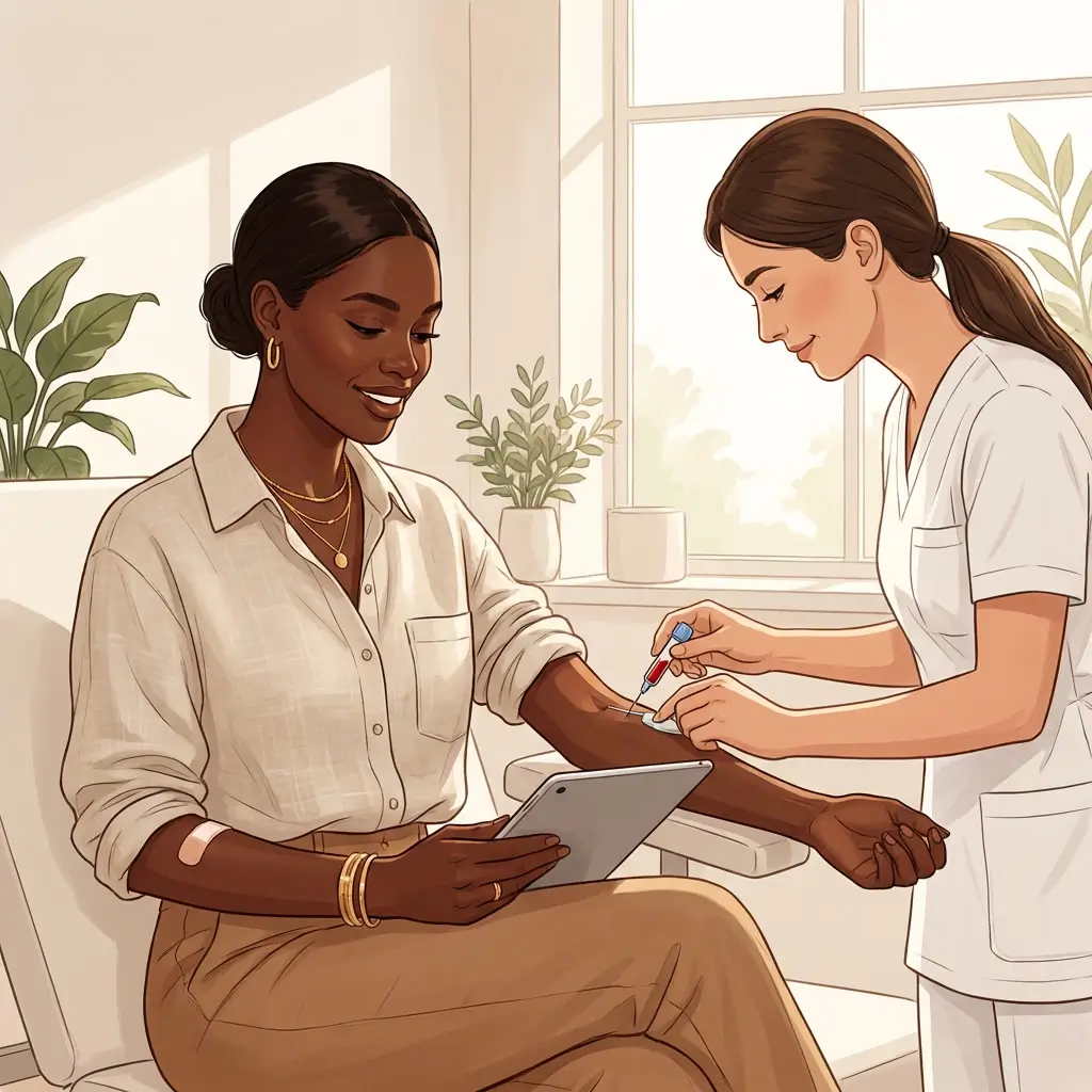 Woman with deep skin tone having blood drawn in a clinical setting, looking composed and proactiveWoman with deep skin tone having blood drawn in a clinical setting, looking composed and proactive