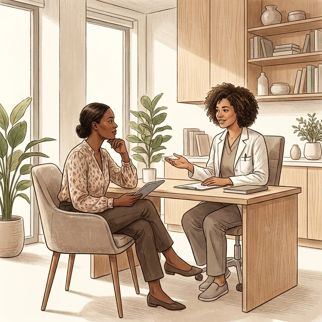 Woman with deep skin tone in a collaborative conversation with a healthcare provider