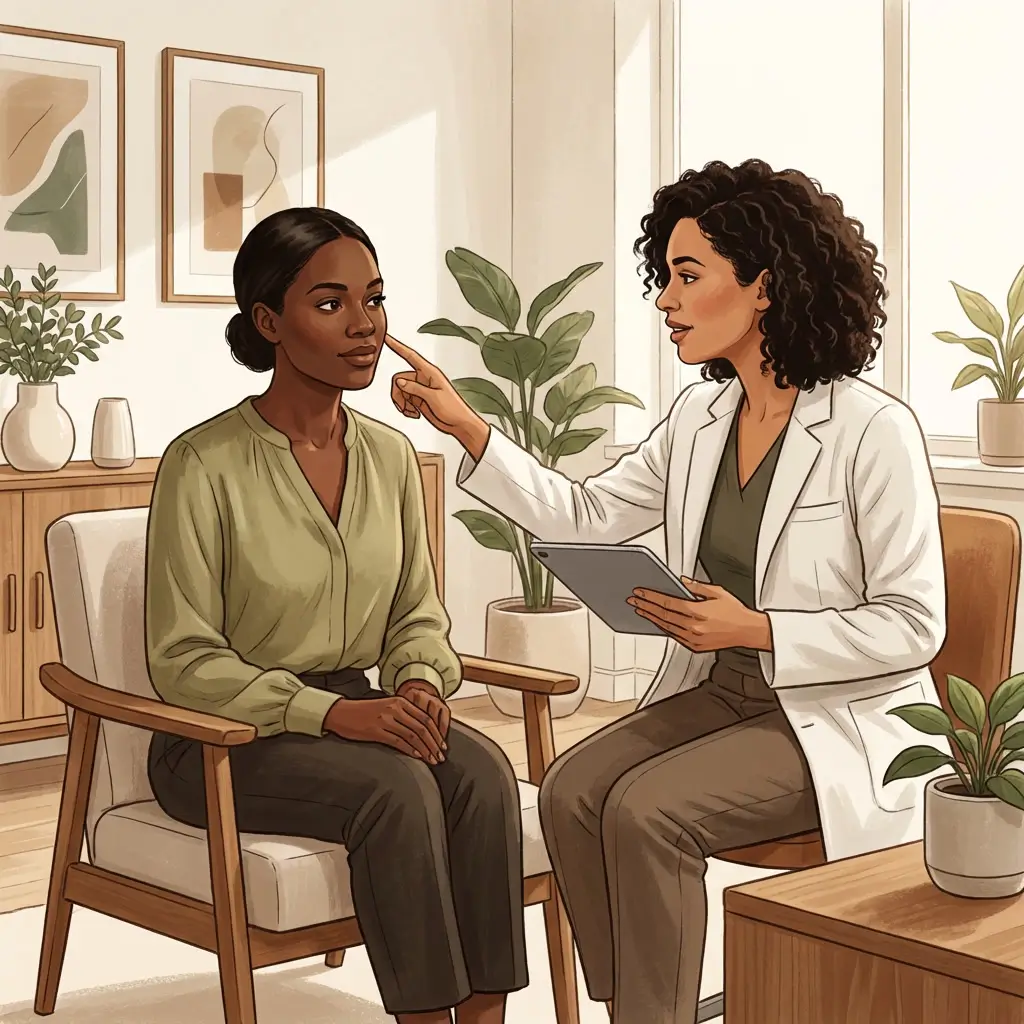 Woman with deep skin tone in a thoughtful clinical consultation about treatment options.