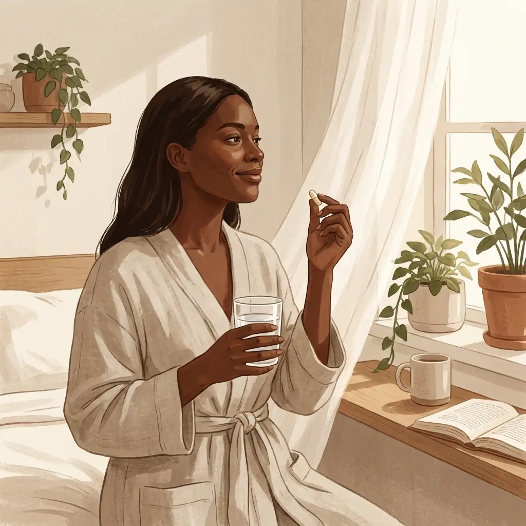 Woman with deep skin tone taking a supplement capsule as part of her morning routine.