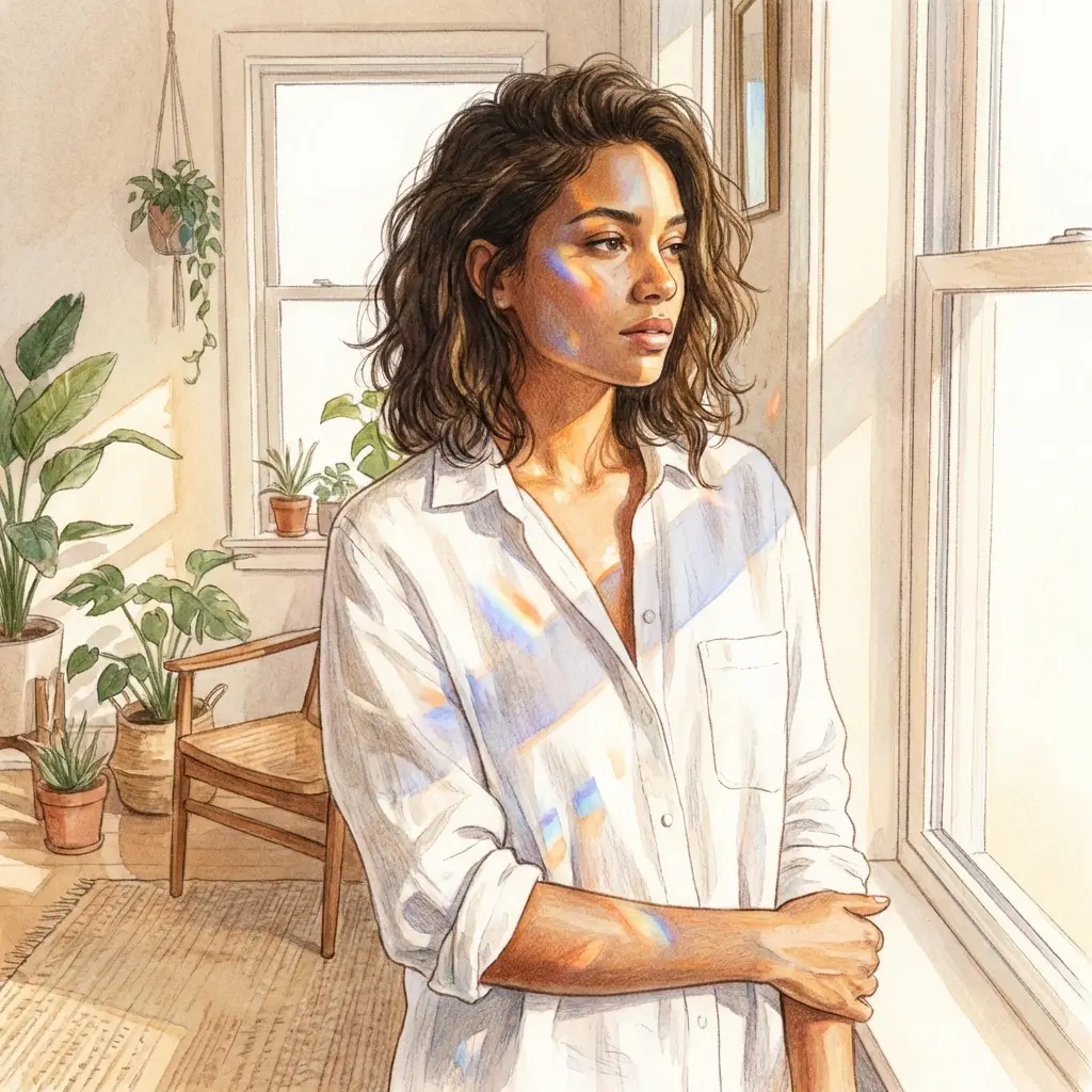 Woman with golden-brown skin standing half in shade and half in warm window light