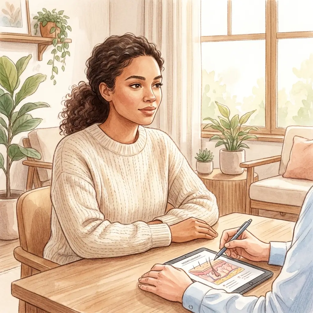 Woman with light brown skin in a consultation wearing a cream sweater