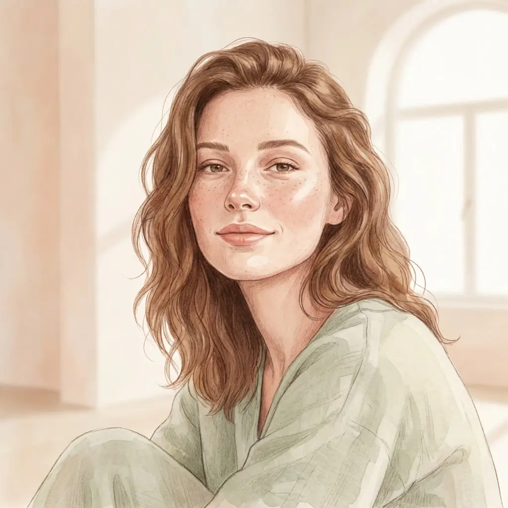 Woman with light skin and freckles looking at ease in natural light