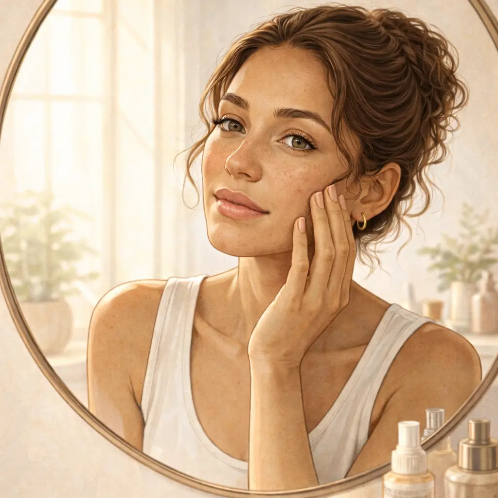 Woman with light skin examining her face in a mirror in morning light