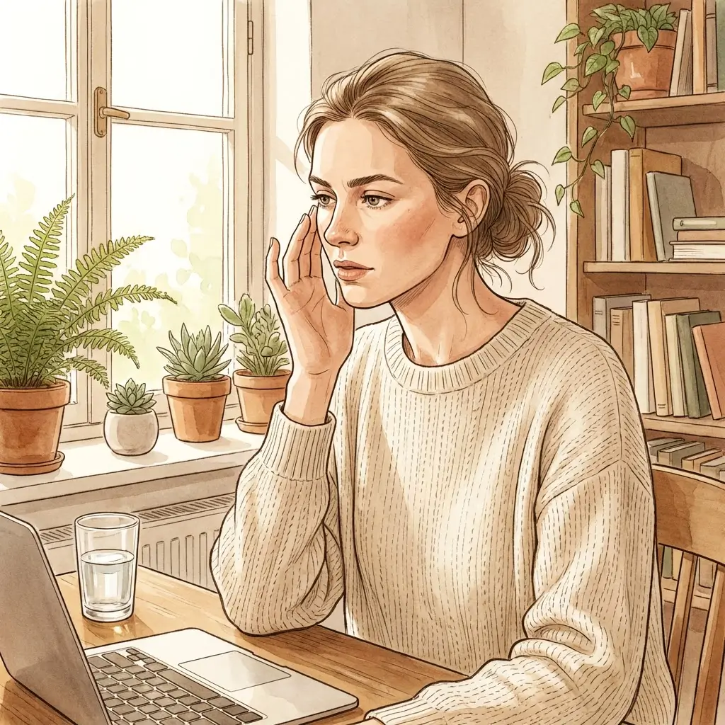 Woman with light skin examining the back of her hand in natural light at her desk