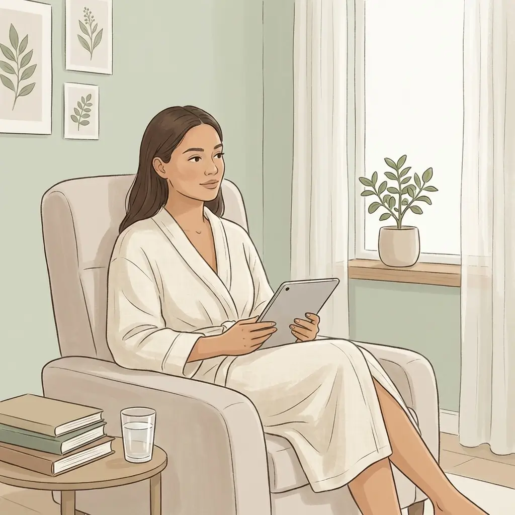 Woman with light skin in a calm treatment room looking relaxed