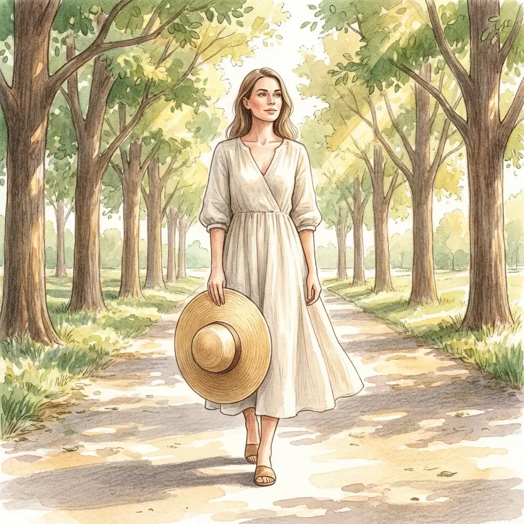 Woman with light skin walking through a shaded park path