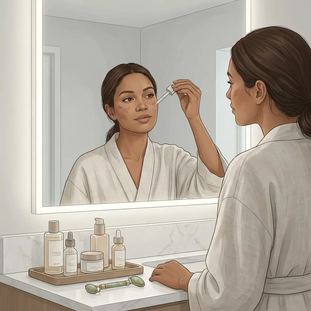 Woman with medium-brown skin applying serum, faint pigmentation still visible despite consistent routine