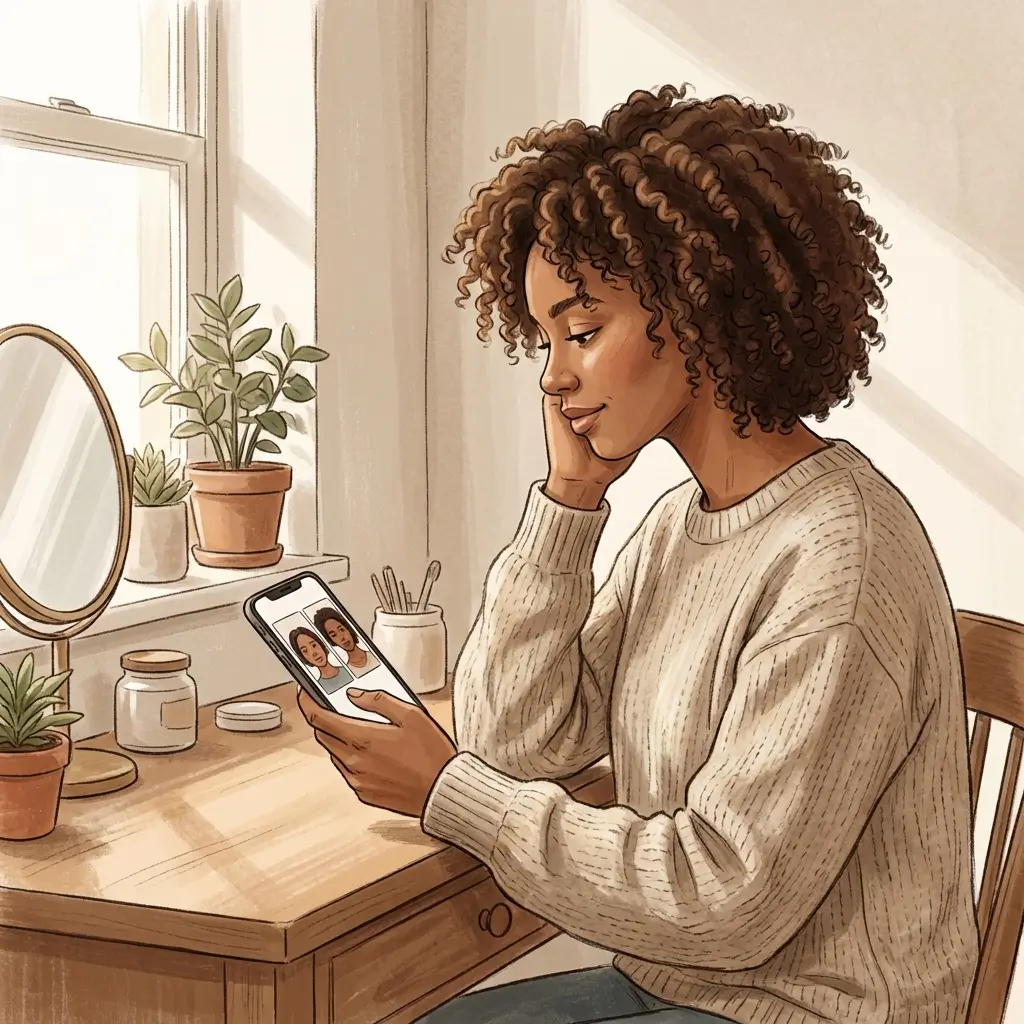 Woman with medium-brown skin comparing skin progress photos on her phone