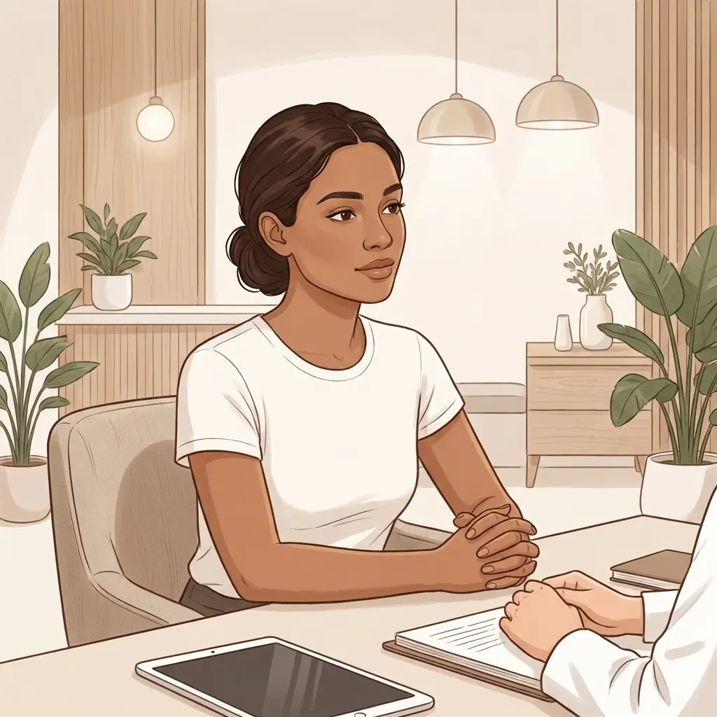 Woman with medium-brown skin in a dermatologist's consulting room listening attentively