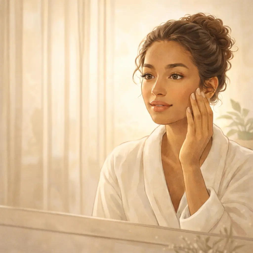 Woman with medium-brown skin looking at her reflection in soft morning light