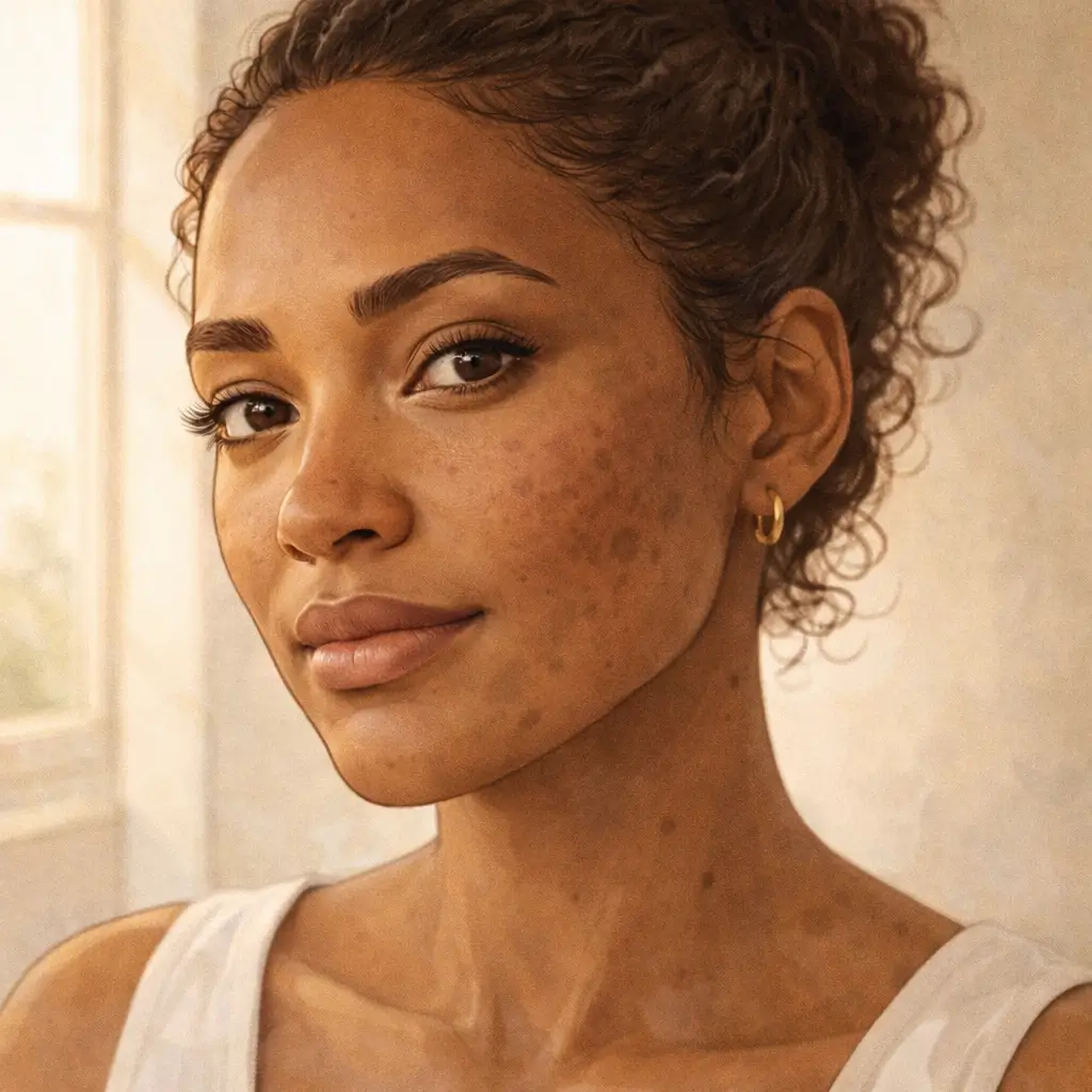 Woman with medium-brown skin showing natural skin texture in soft light