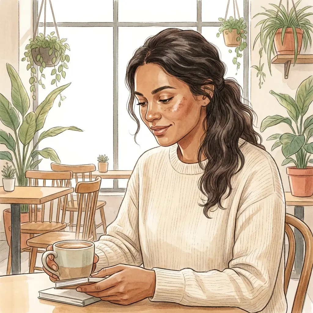 Woman with medium-brown skin sitting in a cafe looking healthy, faint pigmentation visible on her cheeks