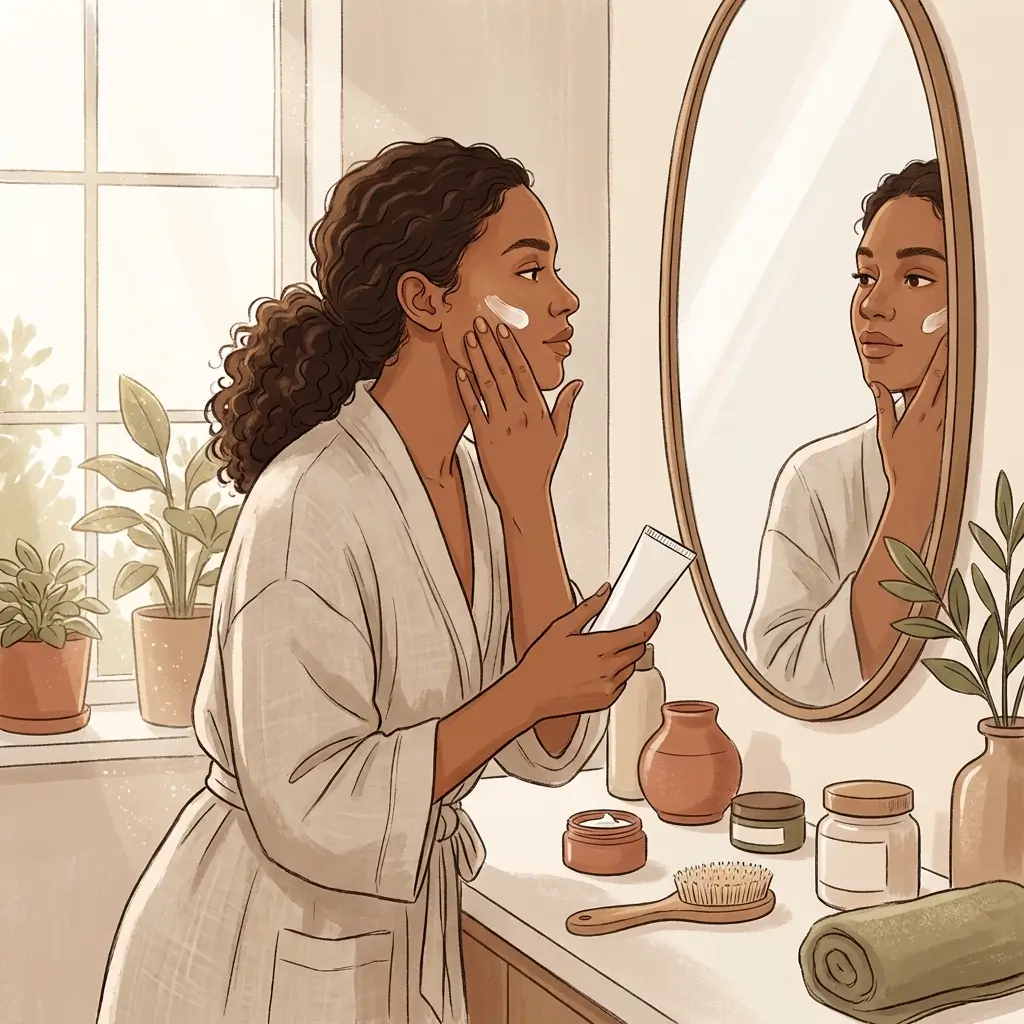 Woman with medium-deep skin tone applying sunscreen 