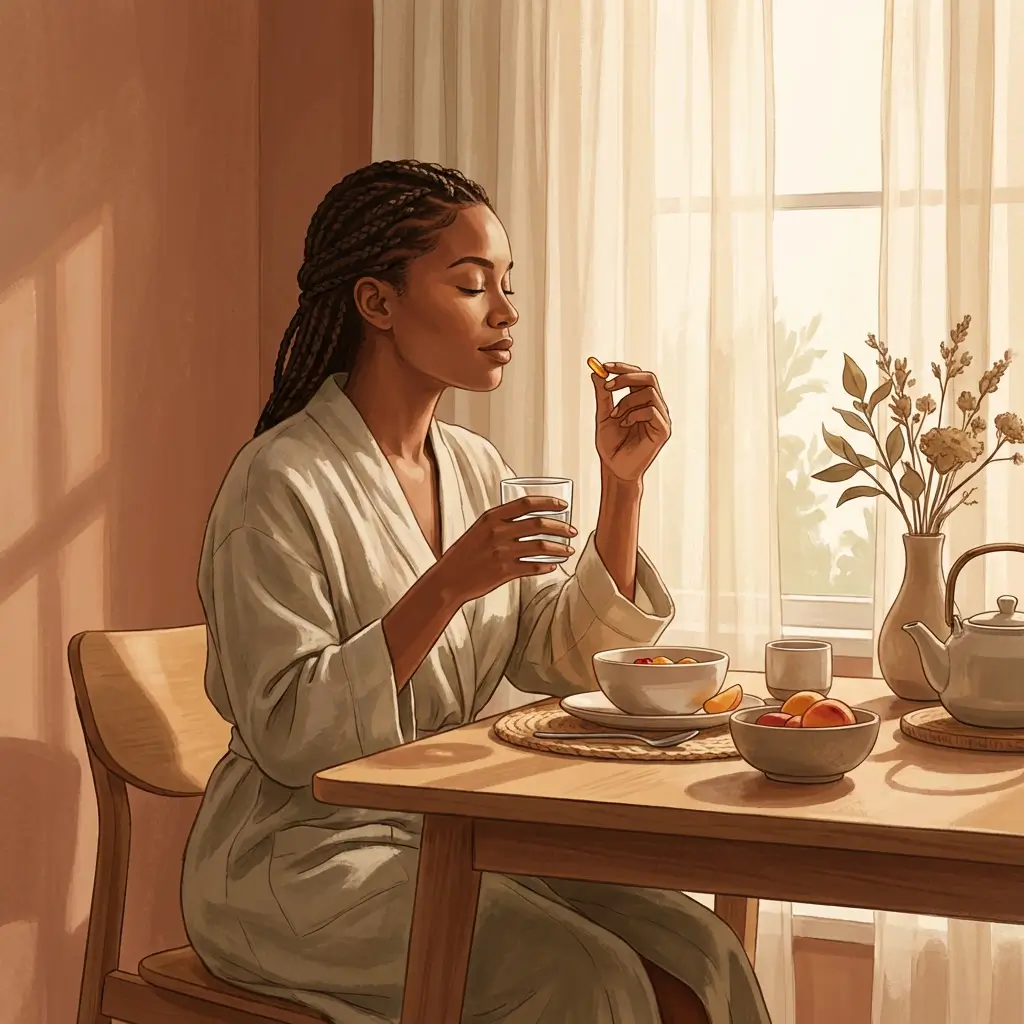 Woman with medium-deep skin tone taking a supplement capsule as part of a calm morning routine.