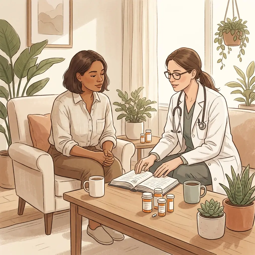Woman with medium skin in a calm consultation with a doctor about medication