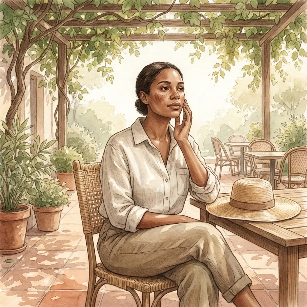 Woman with melasma sitting in the shade, wide-brimmed hat nearby, thoughtfully considering sun protection.