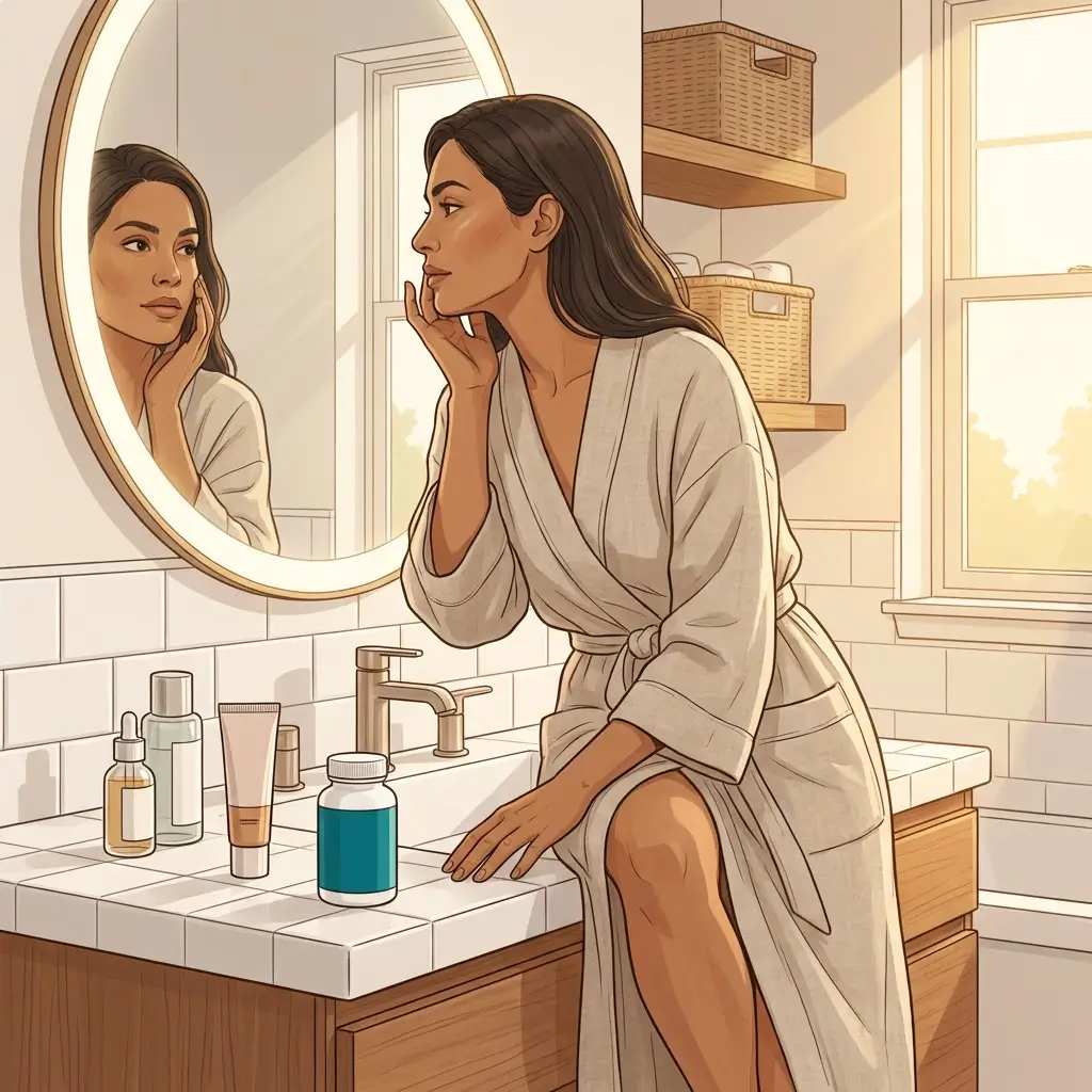 Woman with olive skin examining her cheek closely in a well-lit bathroom mirror