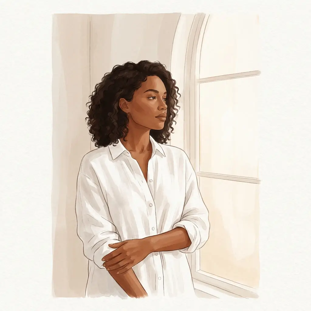 Woman with rich brown skin in a white linen shirt standing in soft window light
