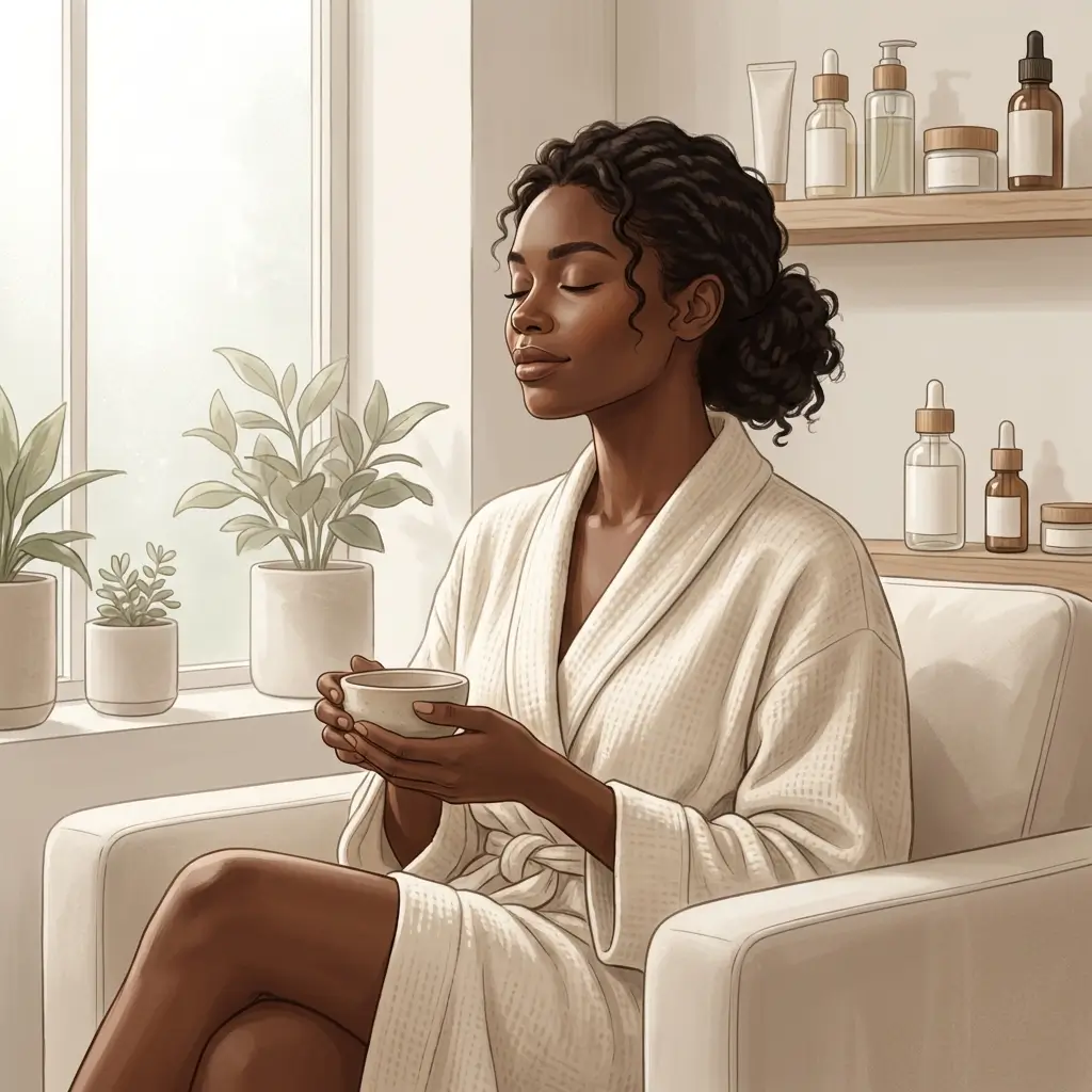 Woman with rich brown skin looking grounded and clear-eyed in natural light"