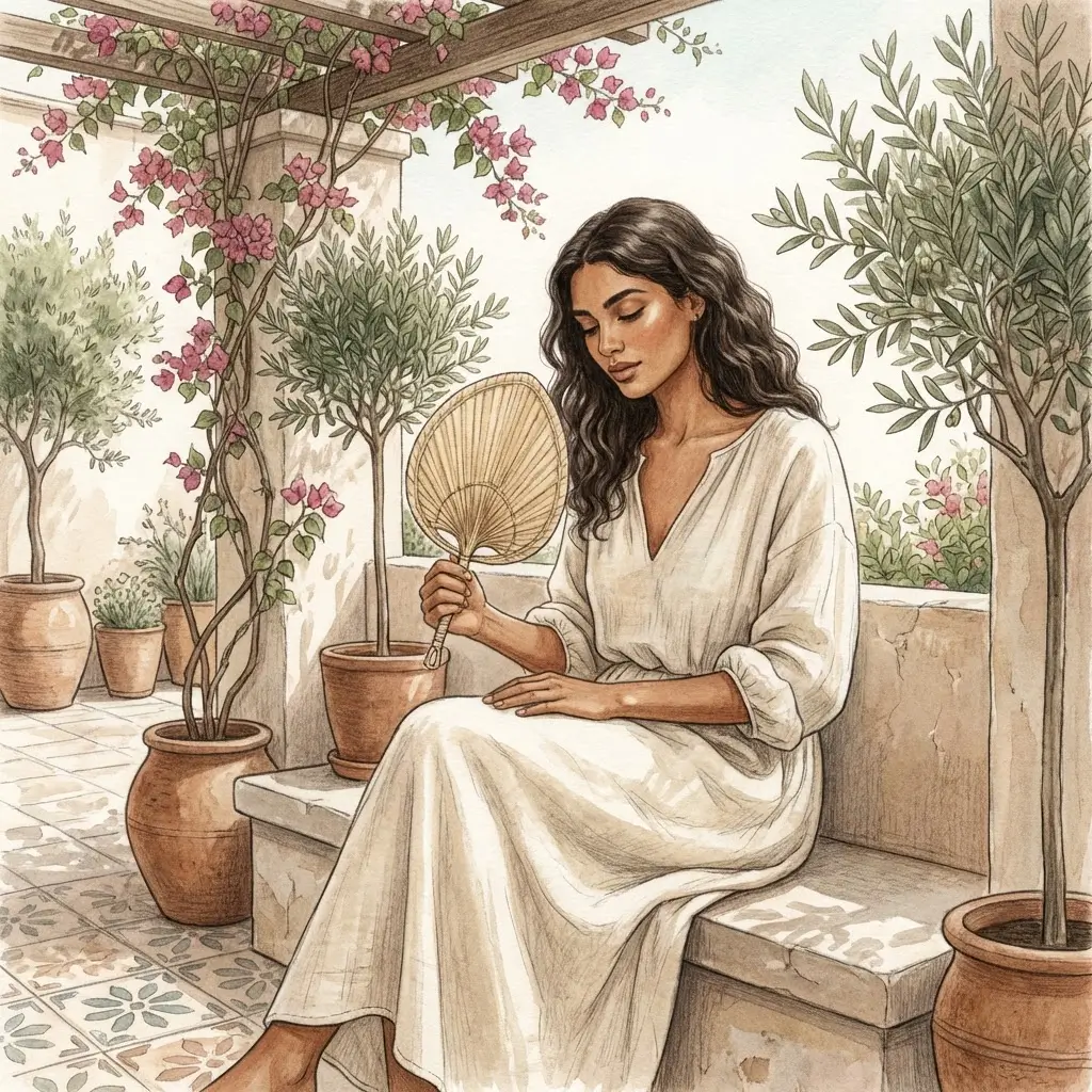 Woman with tan skin fanning herself in a shaded courtyard