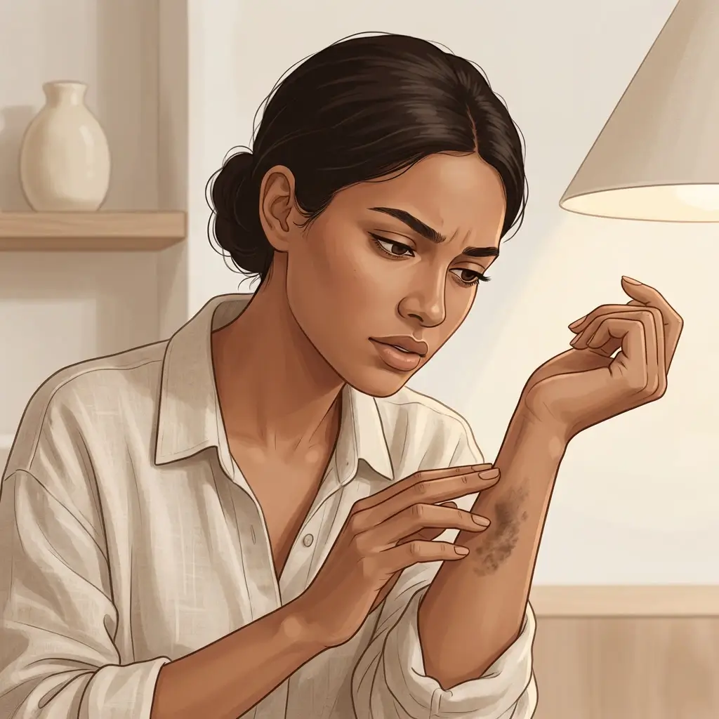 Woman with warm brown skin examining persistent pigmentation on her forearm