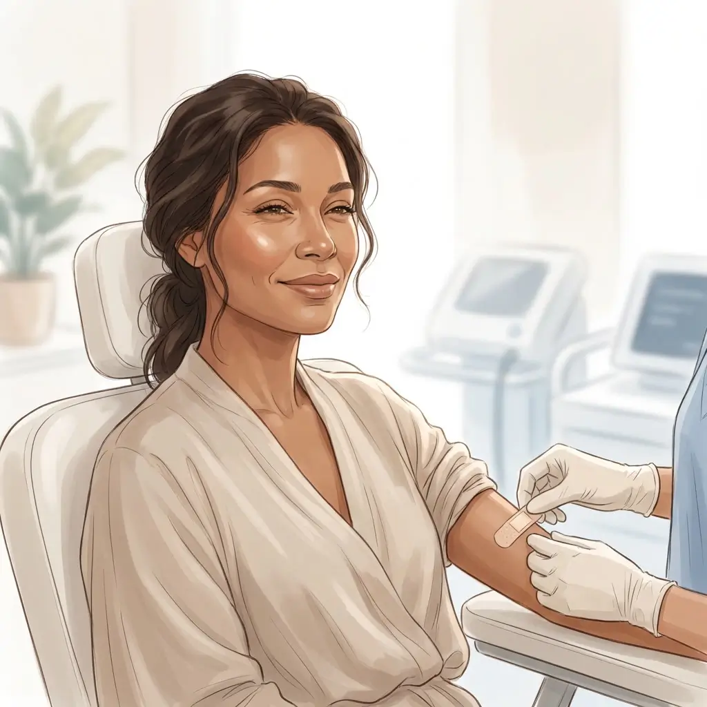 Woman with warm brown skin having blood drawn at a clinic, looking calm