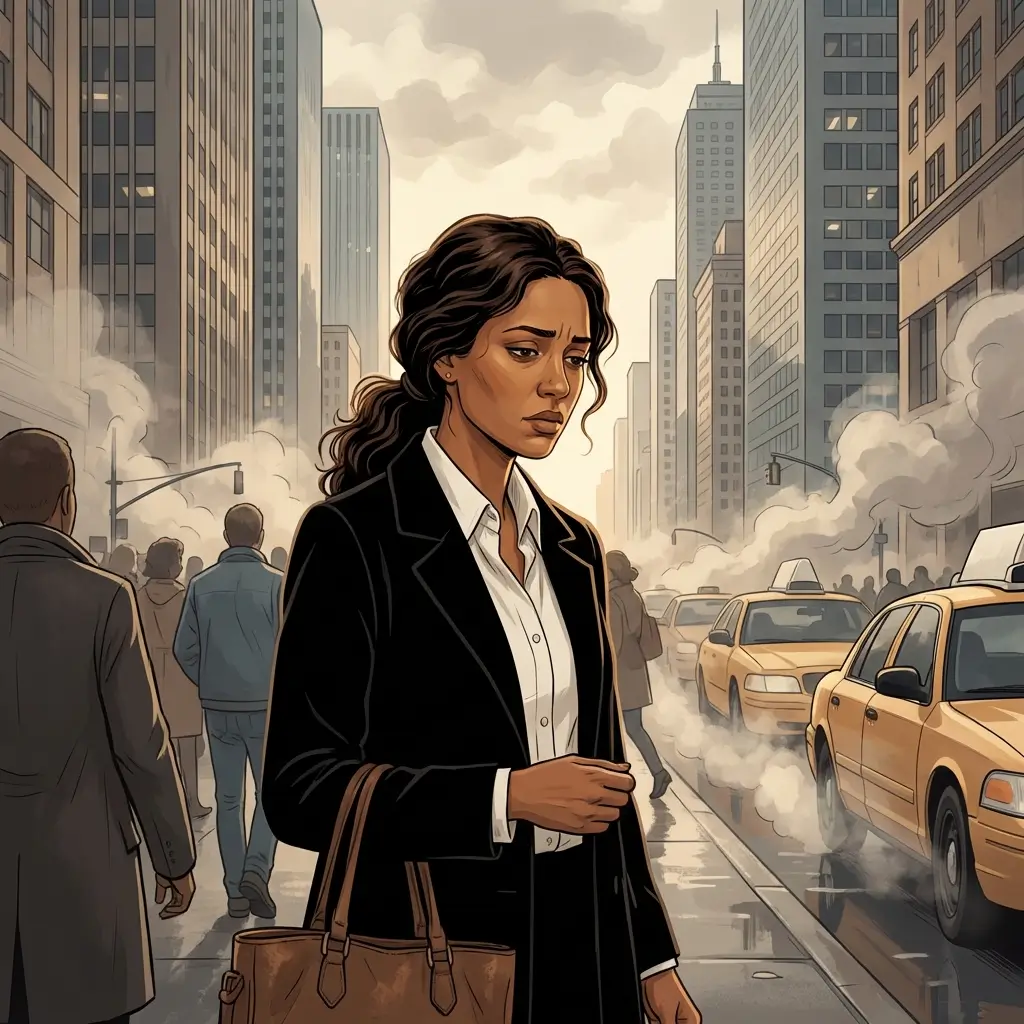 Woman with warm brown skin standing at a busy city intersection during her commute